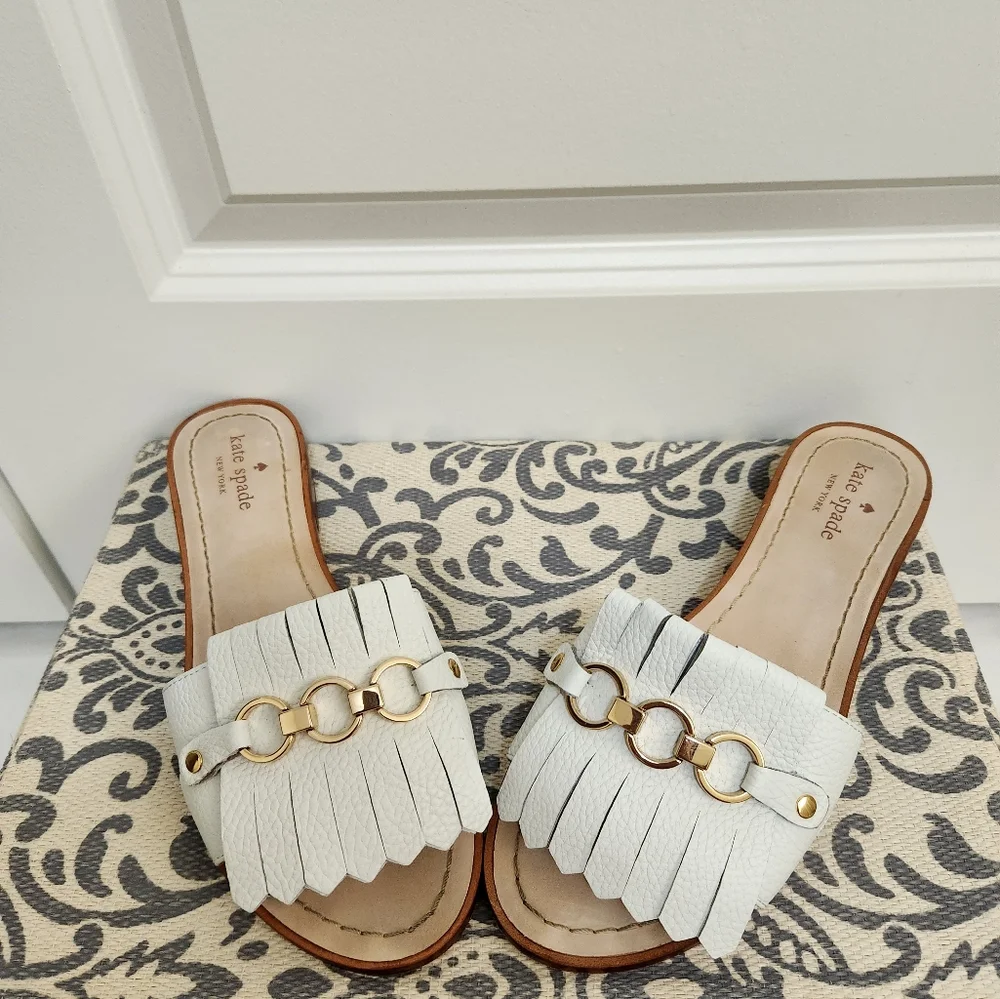 Kate Spade Brie White Leather Fringe Slides Size 7.5 - Picture 5 of 6